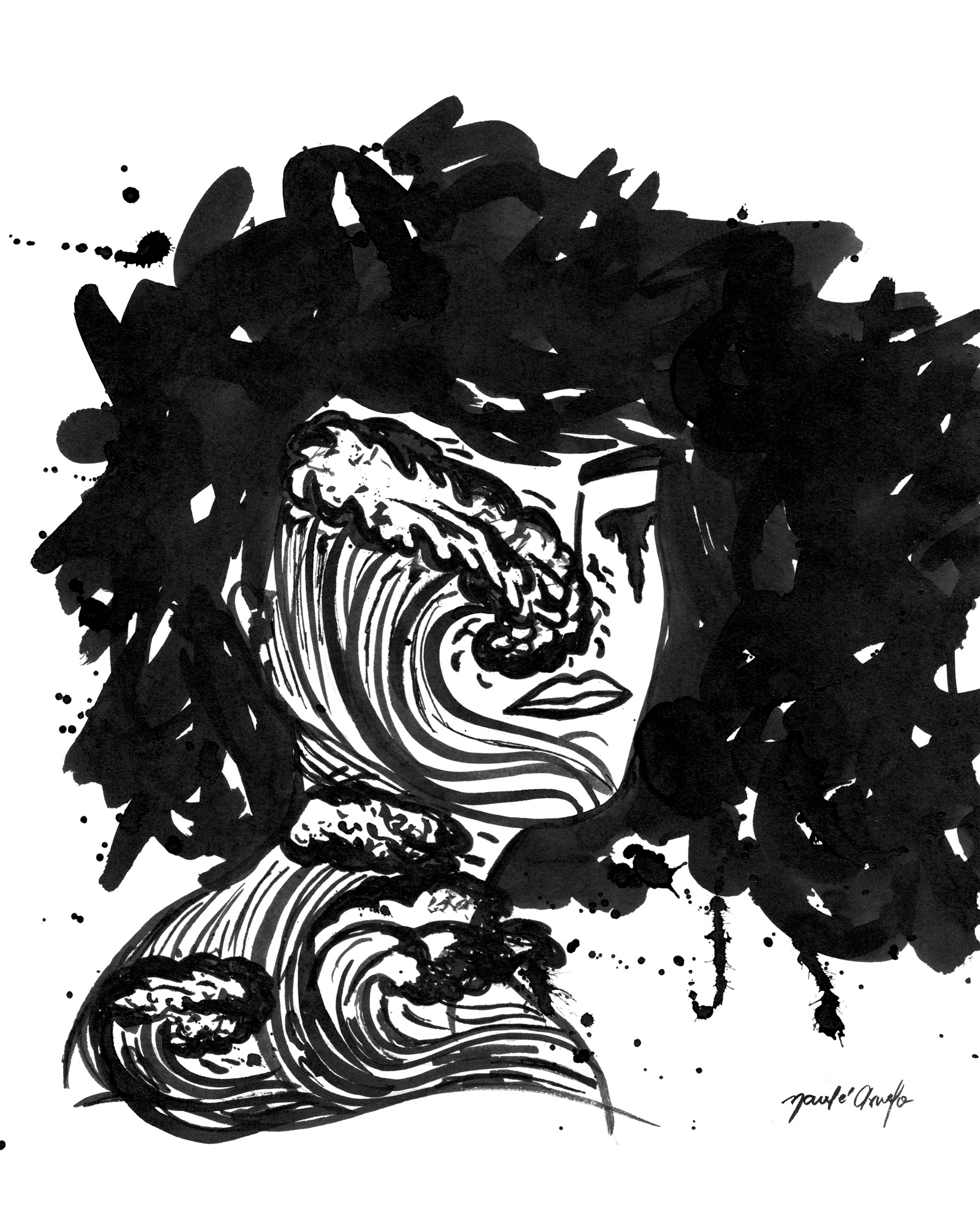 Ilustración a tinta que representa la ansiedad como un tsunami interior.