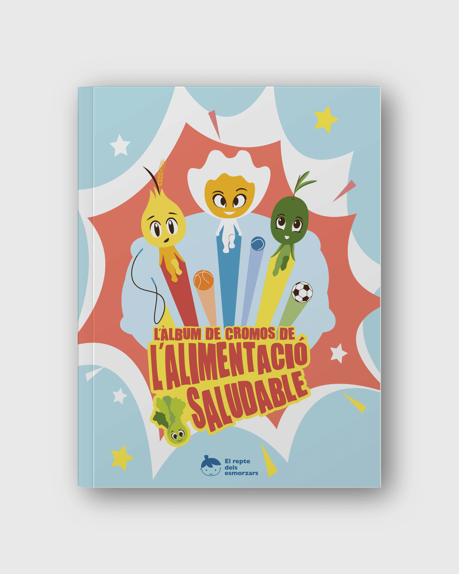Diseño, maquetación e ilustración de álbum de cromos. Material educativo sobre alimentación saludable para niños.