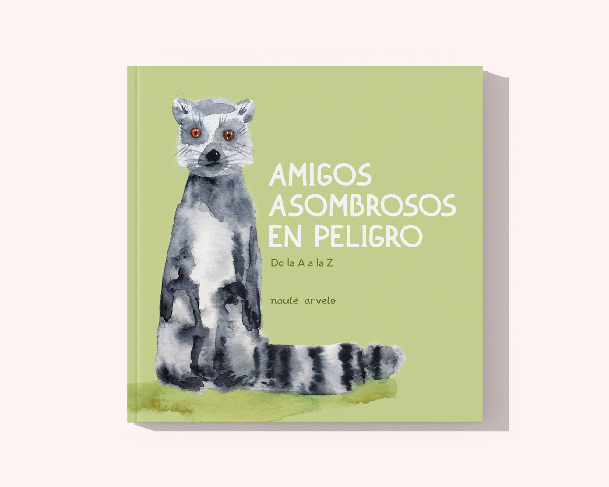 Libro de animales en peligro de extinción. Vista de la cubierta. Ilustración de lémur rufo blanco y negro.