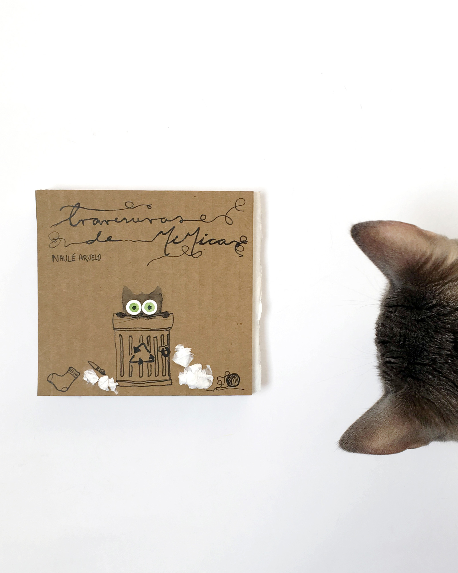 Libro de artista realizado a mano con técnica mixta, formato acordeón. Travesuras de un gato llamado Mica. Proyecto personal.
