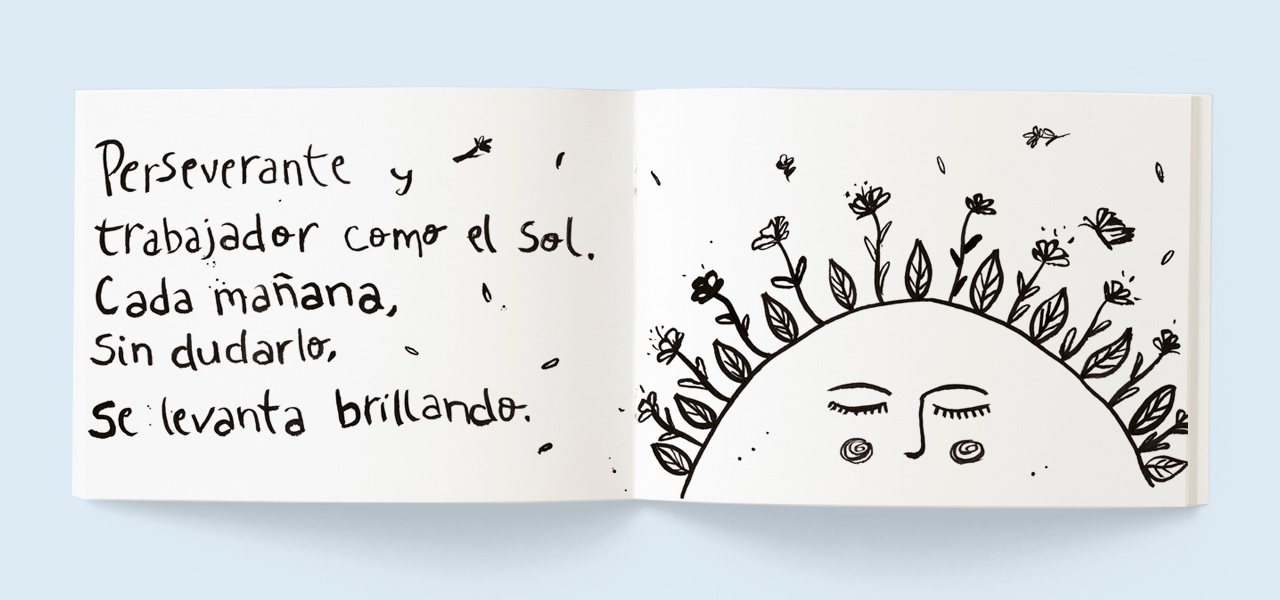 Libro de valores con frases e ilustraciones inspirados en la naturaleza. Vista libro abierto con frase ilustrada.