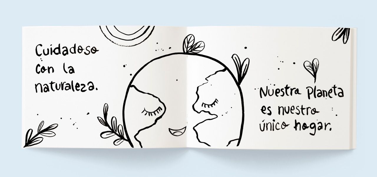 Libro de valores con frases e ilustraciones inspirados en la naturaleza. Vista libro abierto con mensaje sobre el medio ambiente.