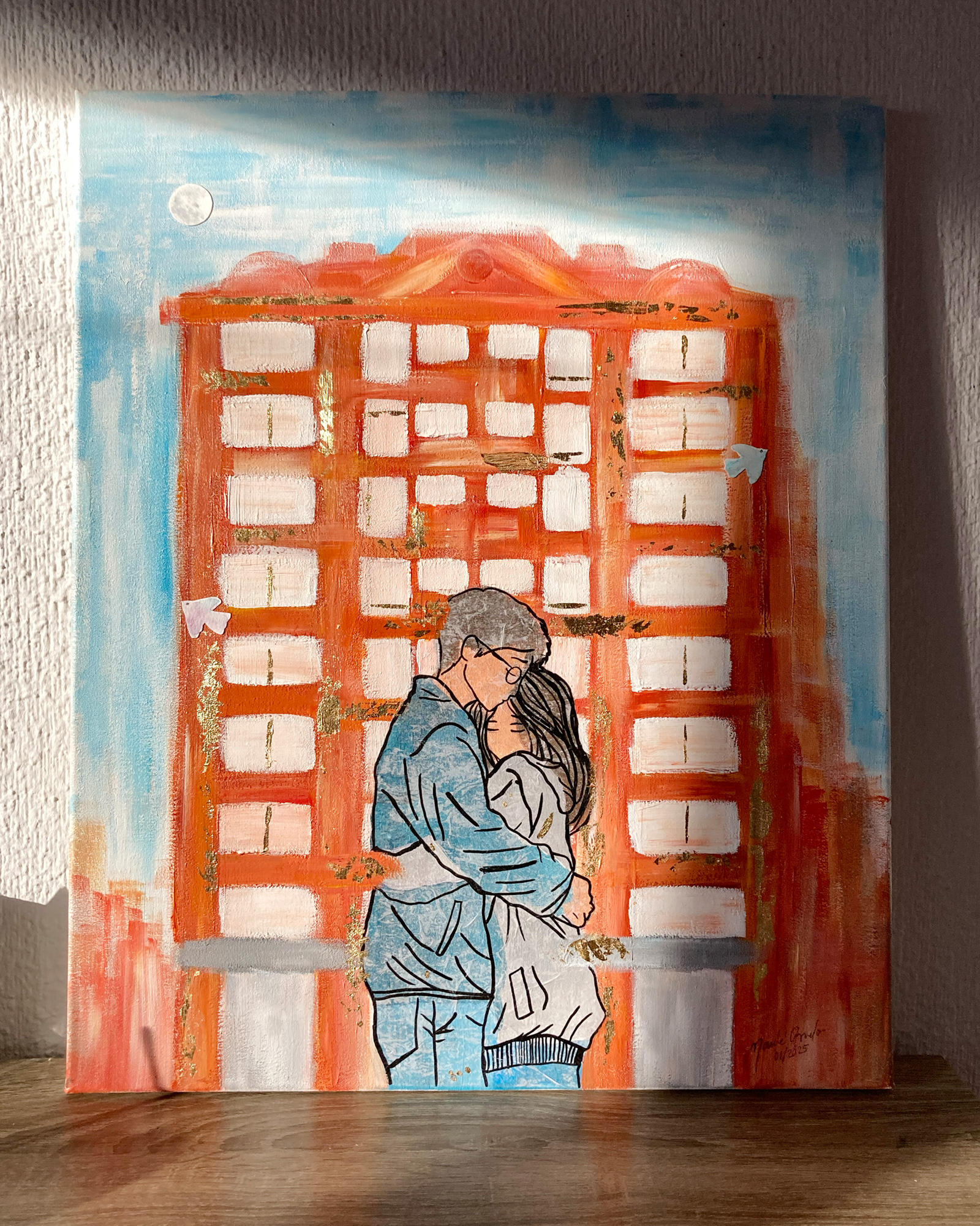 Obra "El abrazo". Técnica mixta. Artista: Naulé Arvelo.